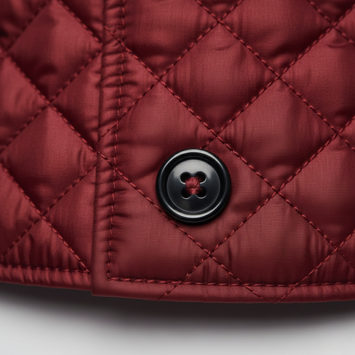 red quilted jacket featuring a check collar, ideal for transitional seasons.