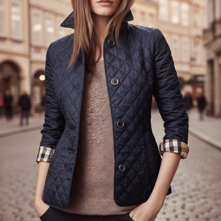 navy quilted jacket featuring a check collar, ideal for transitional seasons.