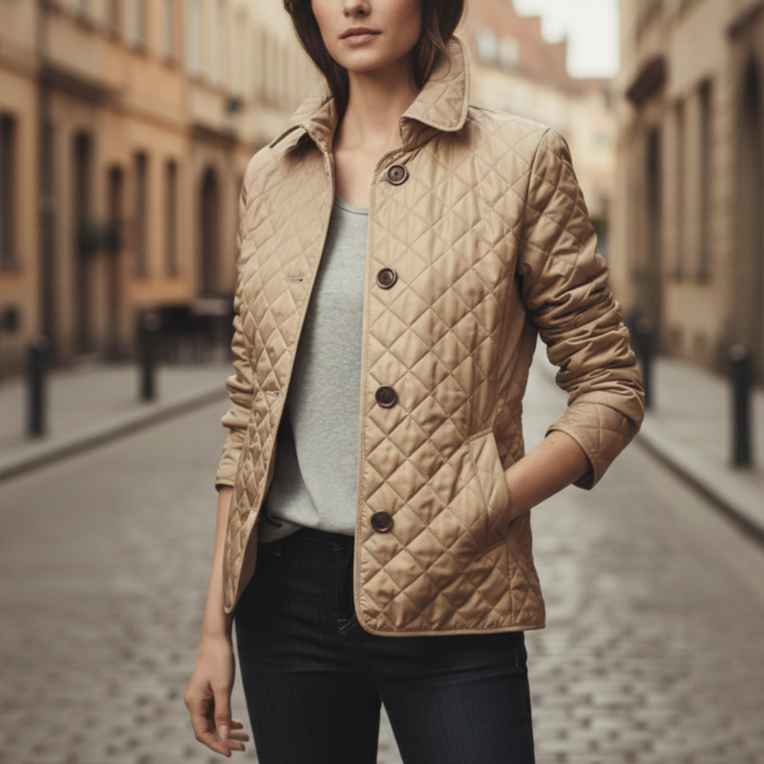 beige quilted jacket featuring a check collar, ideal for transitional seasons.