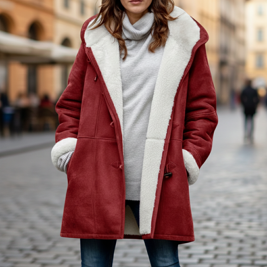  A woman in a red coat with white shearling, showcasing a cozy hood and toggle detailing, good for fall and winter.