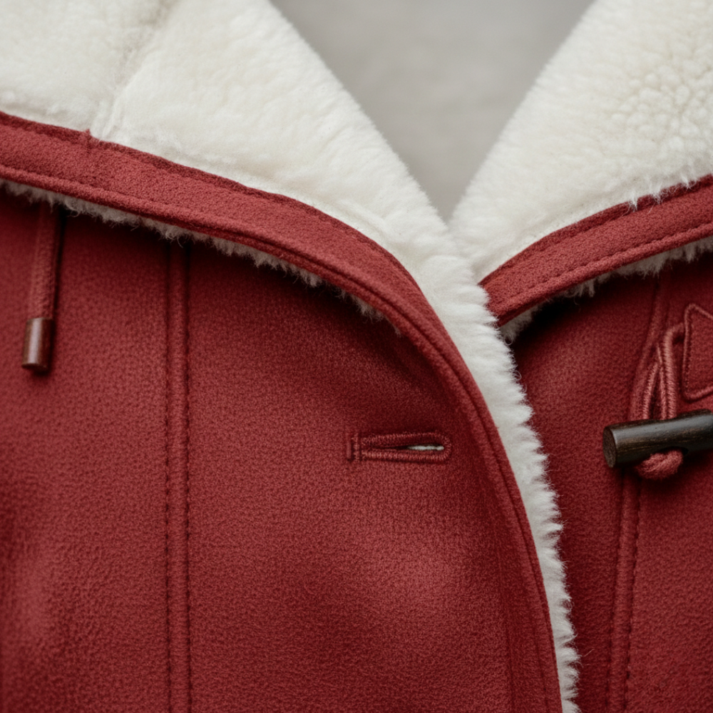 Red coat with white shearling, showcasing a cozy hood and toggle detailing, good for fall and winter.