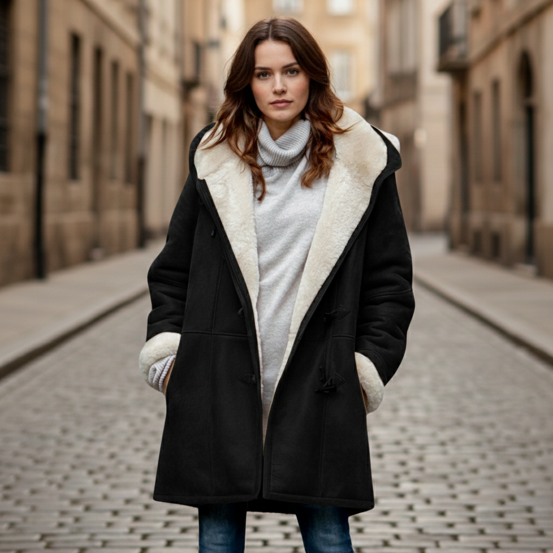 Black coat with white shearling, showcasing a cozy hood and toggle detailing, good for fall and winter.
