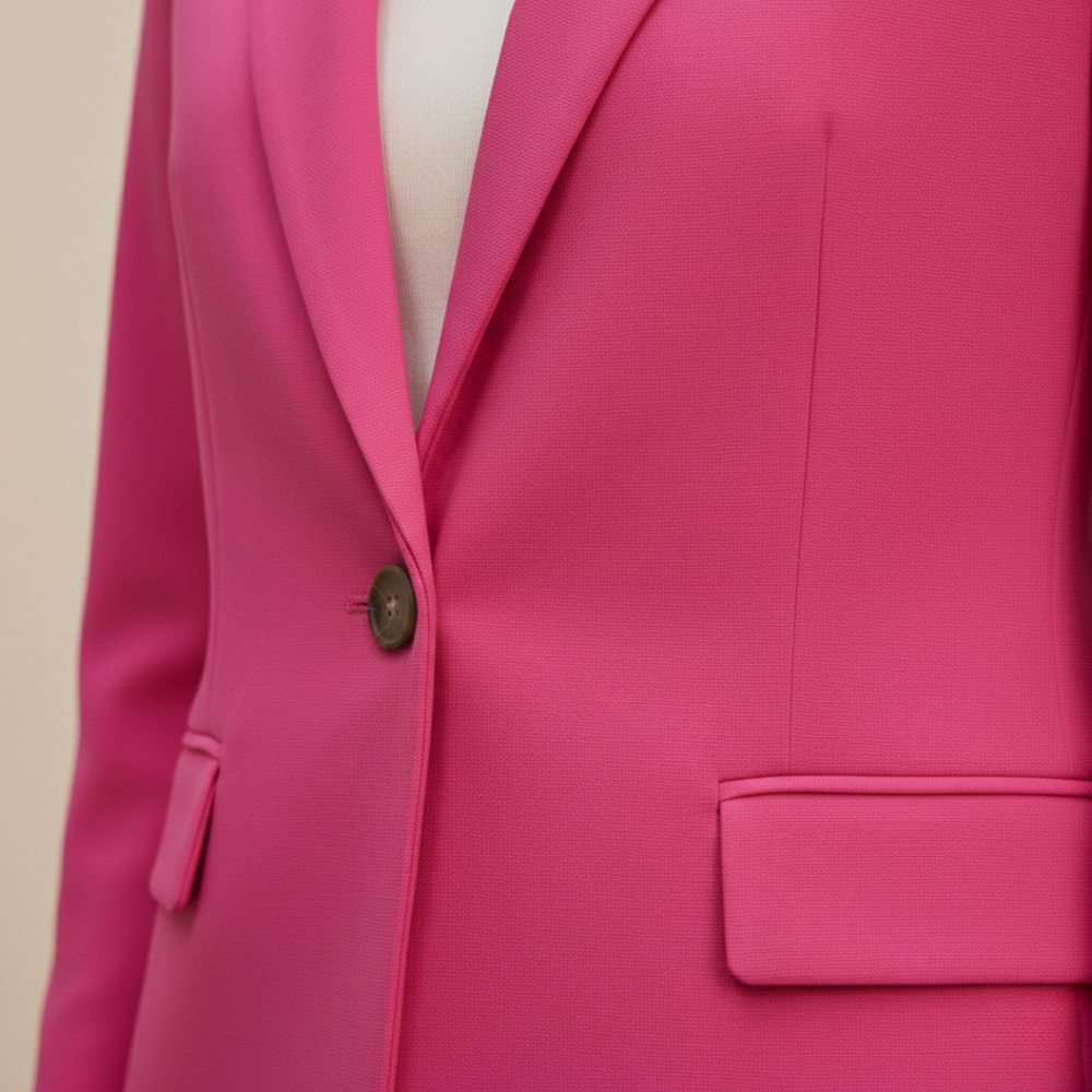 Close-up back details of a Pink tailored blazer with single-button closure, notched lapel, and structured shoulders, perfect for casual or professional wear.