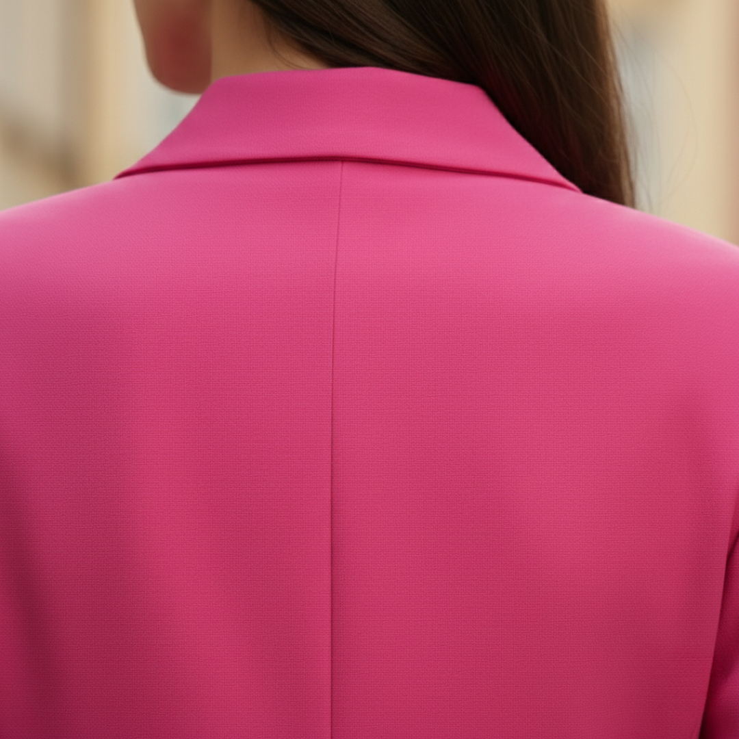 Close up back details of a Pink tailored blazer with single-button closure, notched lapel, and structured shoulders, perfect for casual or professional wear.