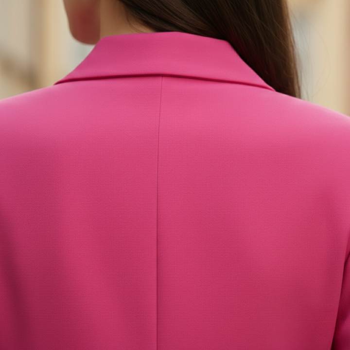 Close up back details of a Pink tailored blazer with single-button closure, notched lapel, and structured shoulders, perfect for casual or professional wear.