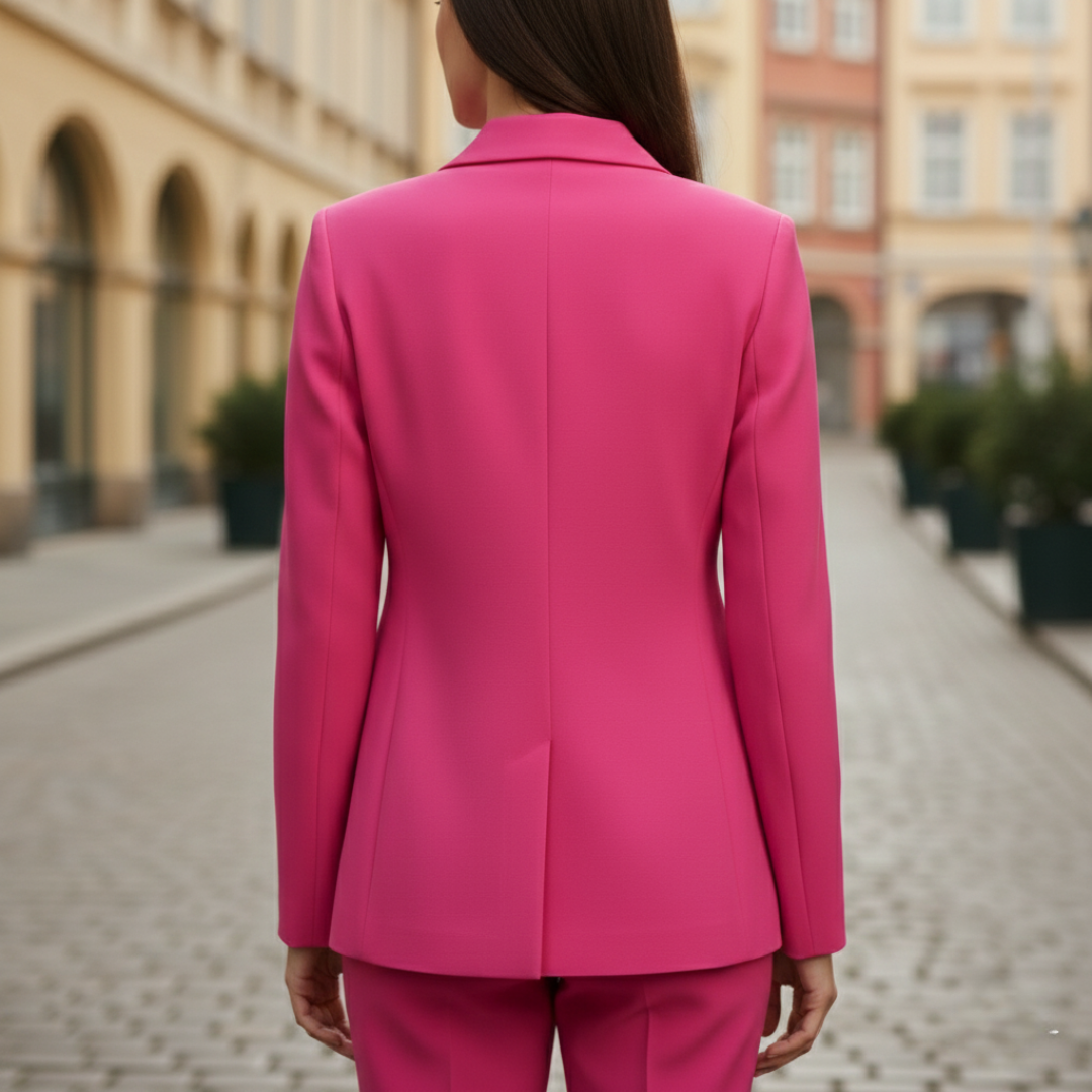 Pink tailored blazer with single-button closure, notched lapel, and structured shoulders, perfect for casual or professional wear.
