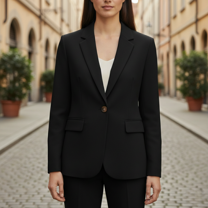 Black tailored blazer with single-button closure, notched lapel, and structured shoulders, perfect for casual or professional wear.