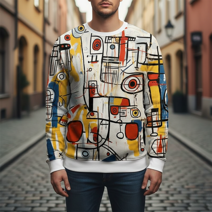 Abstract Sweatshirt with a colorful, modern art design, and style for fall and spring wear.