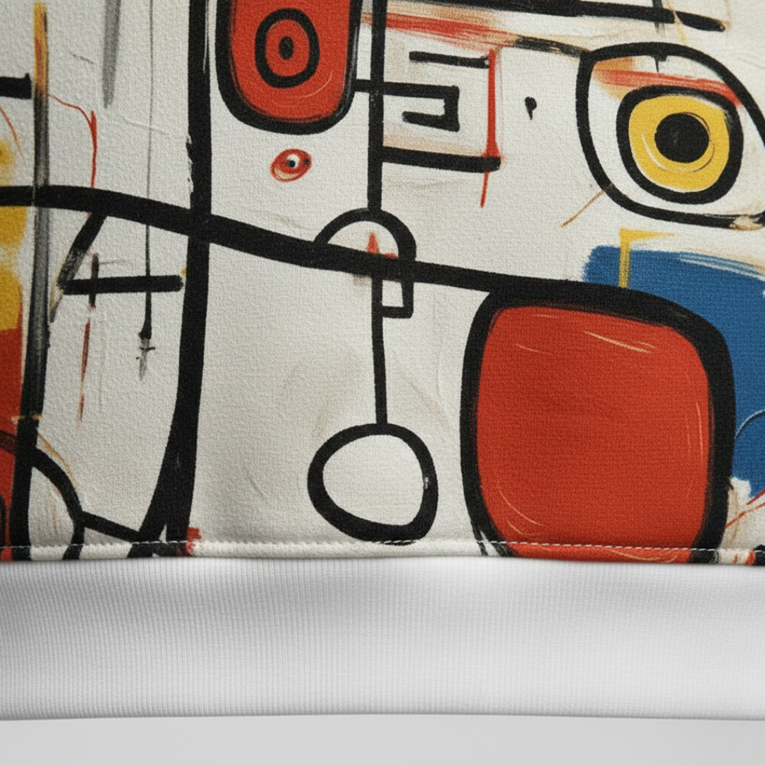 Abstract Sweatshirt with a colorful, modern art design, and style for fall and spring wear.