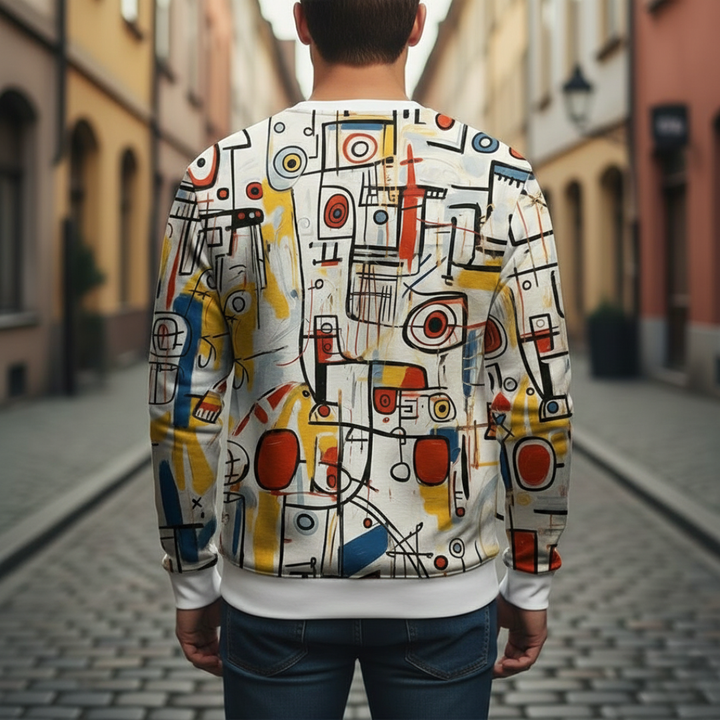 Abstract Sweatshirt with a colorful, modern art design, and style for fall and spring wear.