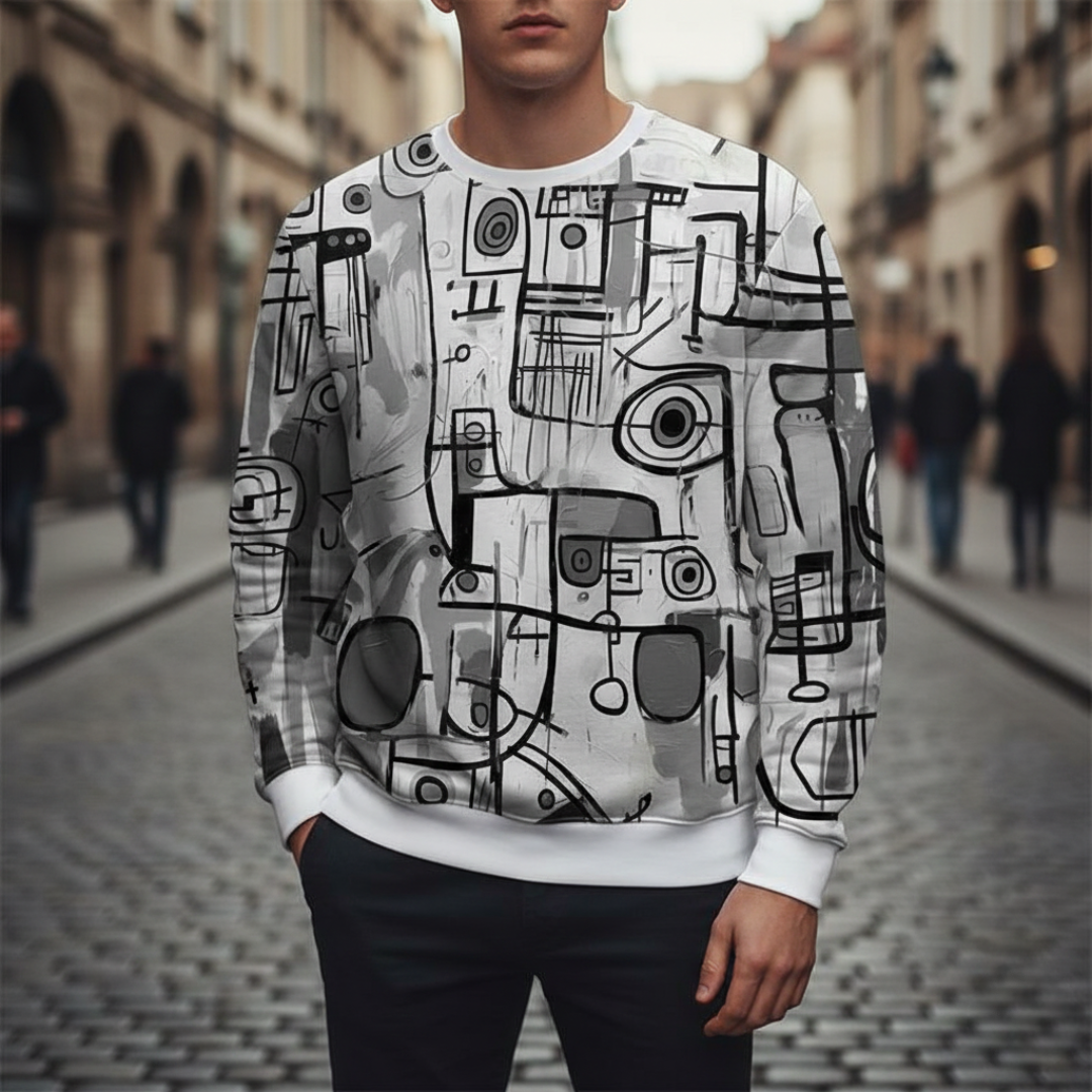 Abstract Sweatshirt with a colorful, modern art design, and style for fall and spring wear.