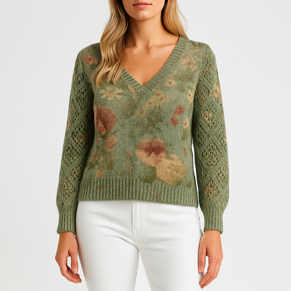 V-neck ribbed jumper with wide horizontal stripe detailing, long sleeves, and a ribbed hem.