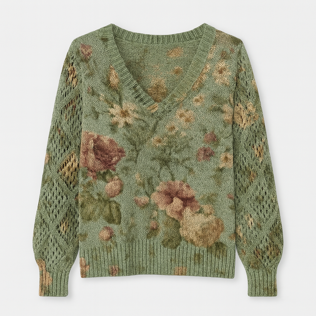 V-neck knitted jumper with a floral design, openwork sleeves, and ribbed cuffs and hem.