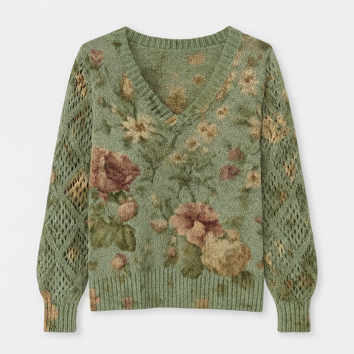 V-neck knitted jumper with a floral design, openwork sleeves, and ribbed cuffs and hem.
