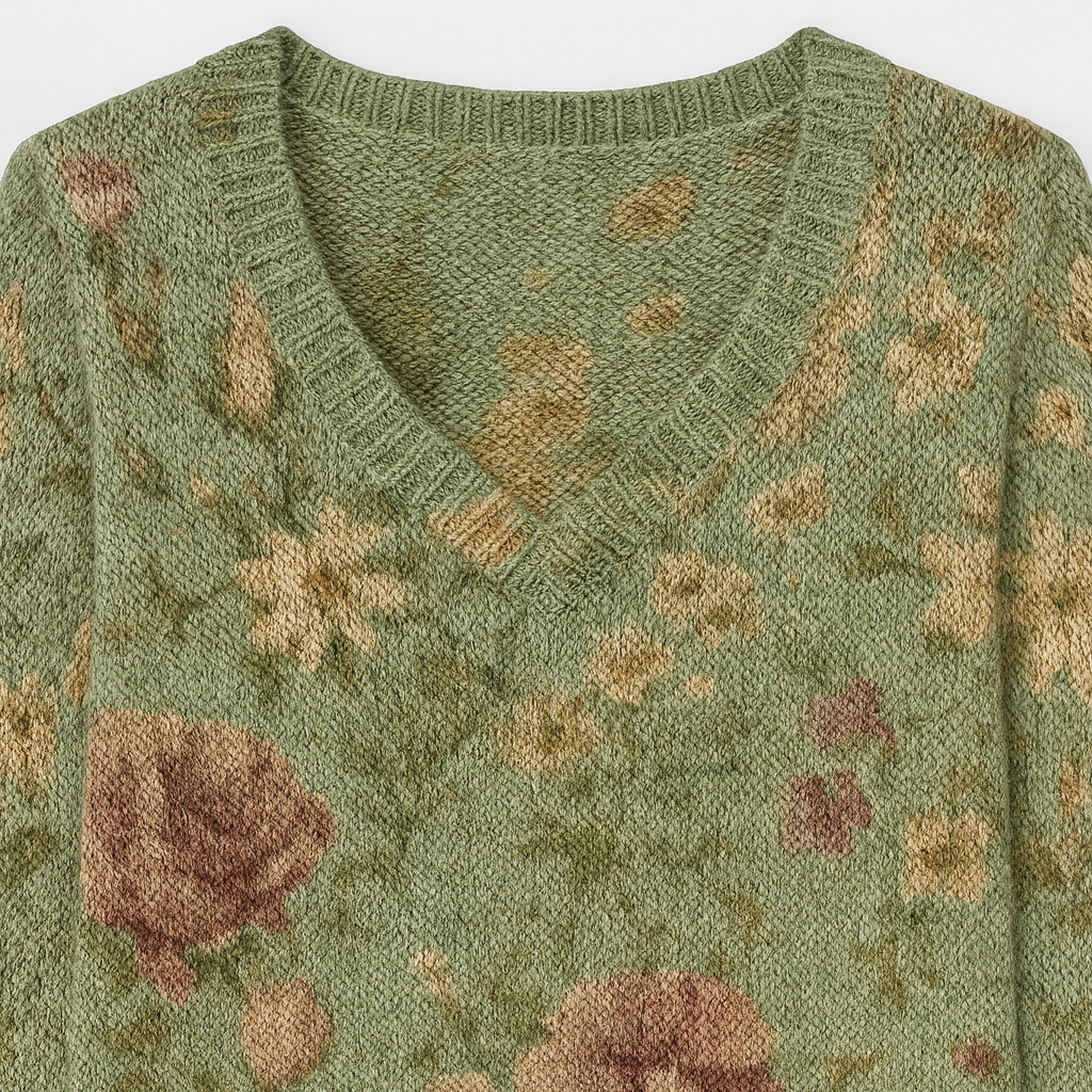 V-neck knitted jumper with a floral design, openwork sleeves, and ribbed cuffs and hem.