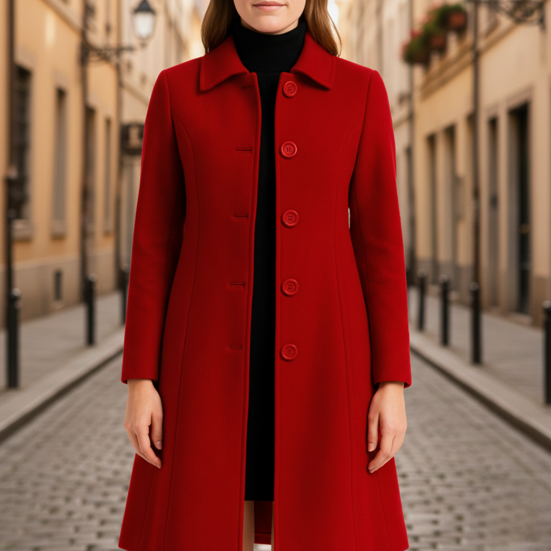 A woman in a knee-length red coat stands on a cobblestone street, showing classic style for cooler seasons.