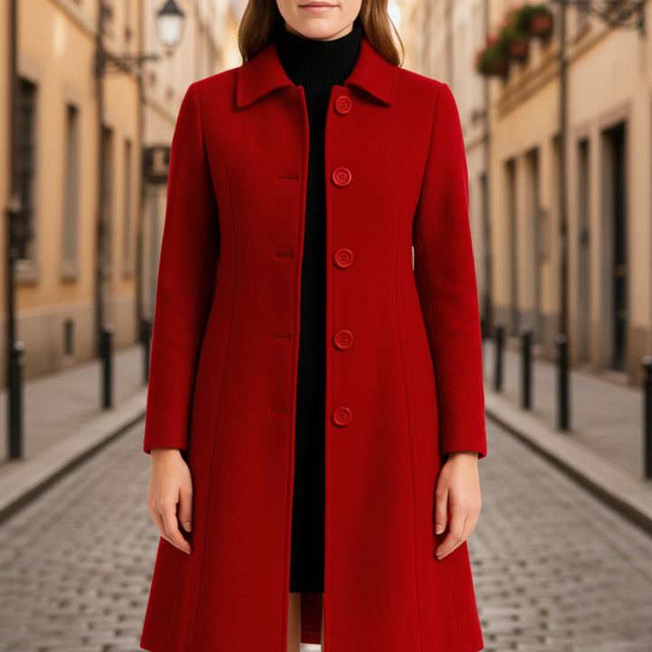 A woman in a knee-length red coat stands on a cobblestone street, showing classic style for cooler seasons.