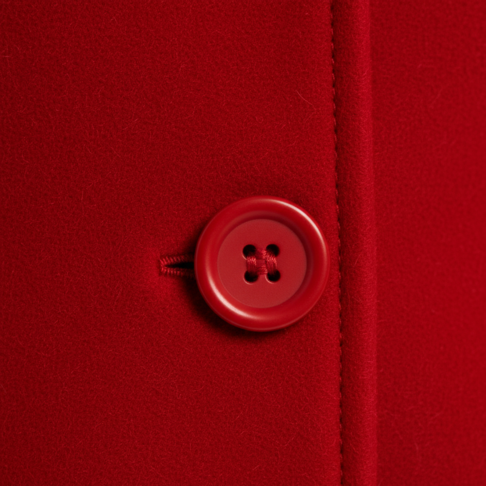 A woman in a knee-length red coat stands on a cobblestone street, showing classic style for cooler seasons.