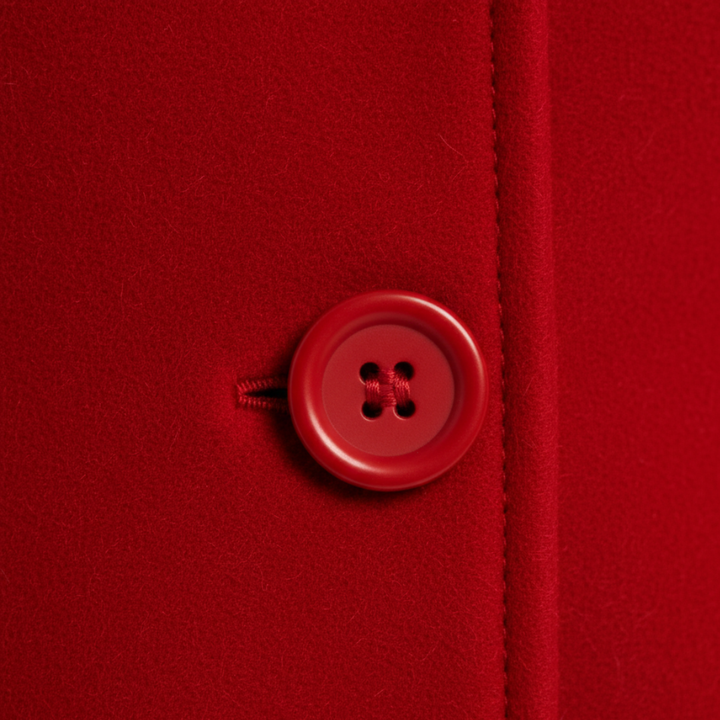 A woman in a knee-length red coat stands on a cobblestone street, showing classic style for cooler seasons.