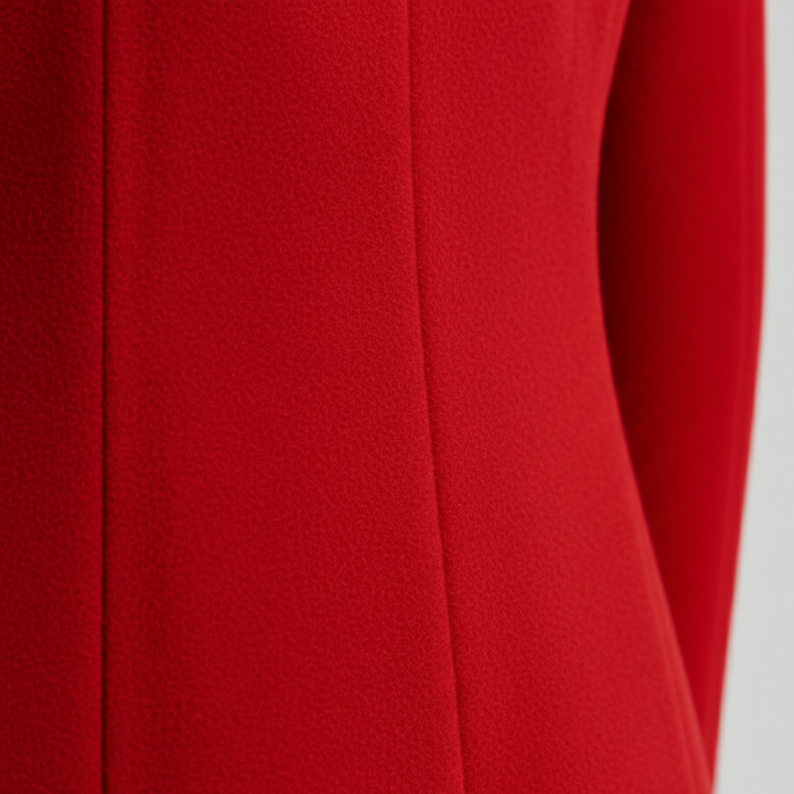 A woman in a knee-length red coat stands on a cobblestone street, showing classic style for cooler seasons.