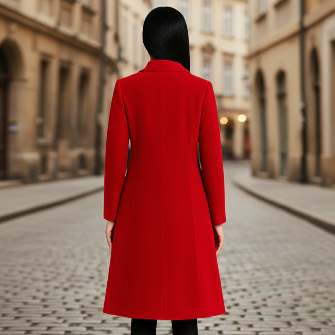 A woman in a knee-length red coat stands on a cobblestone street, showing classic style for cooler seasons.