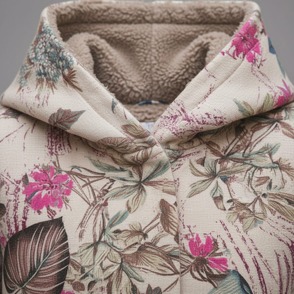 Close-up of a floral print jacket featuring a soft fleece lining and hood, perfect for fall and spring outings.