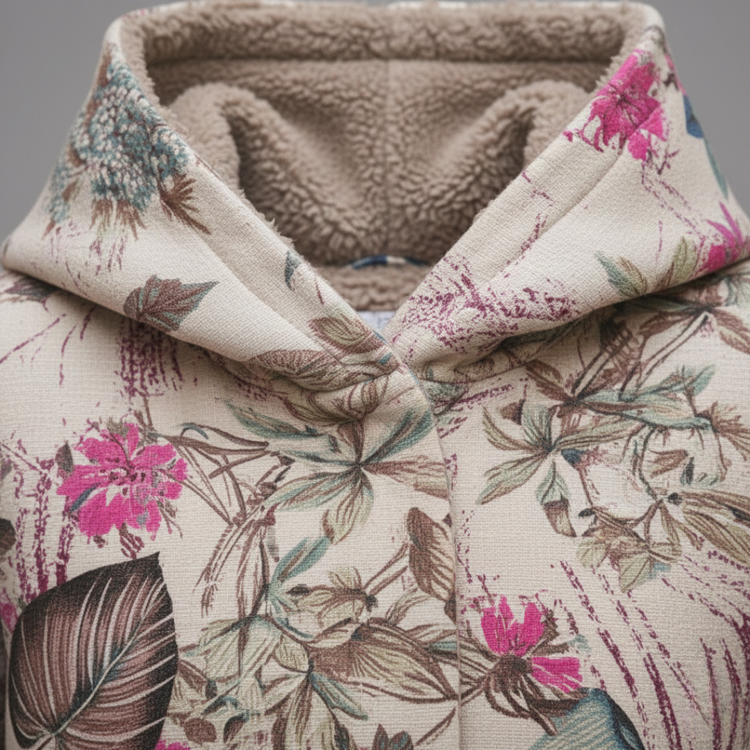 Close-up of a floral print jacket featuring a soft fleece lining and hood, perfect for fall and spring outings.