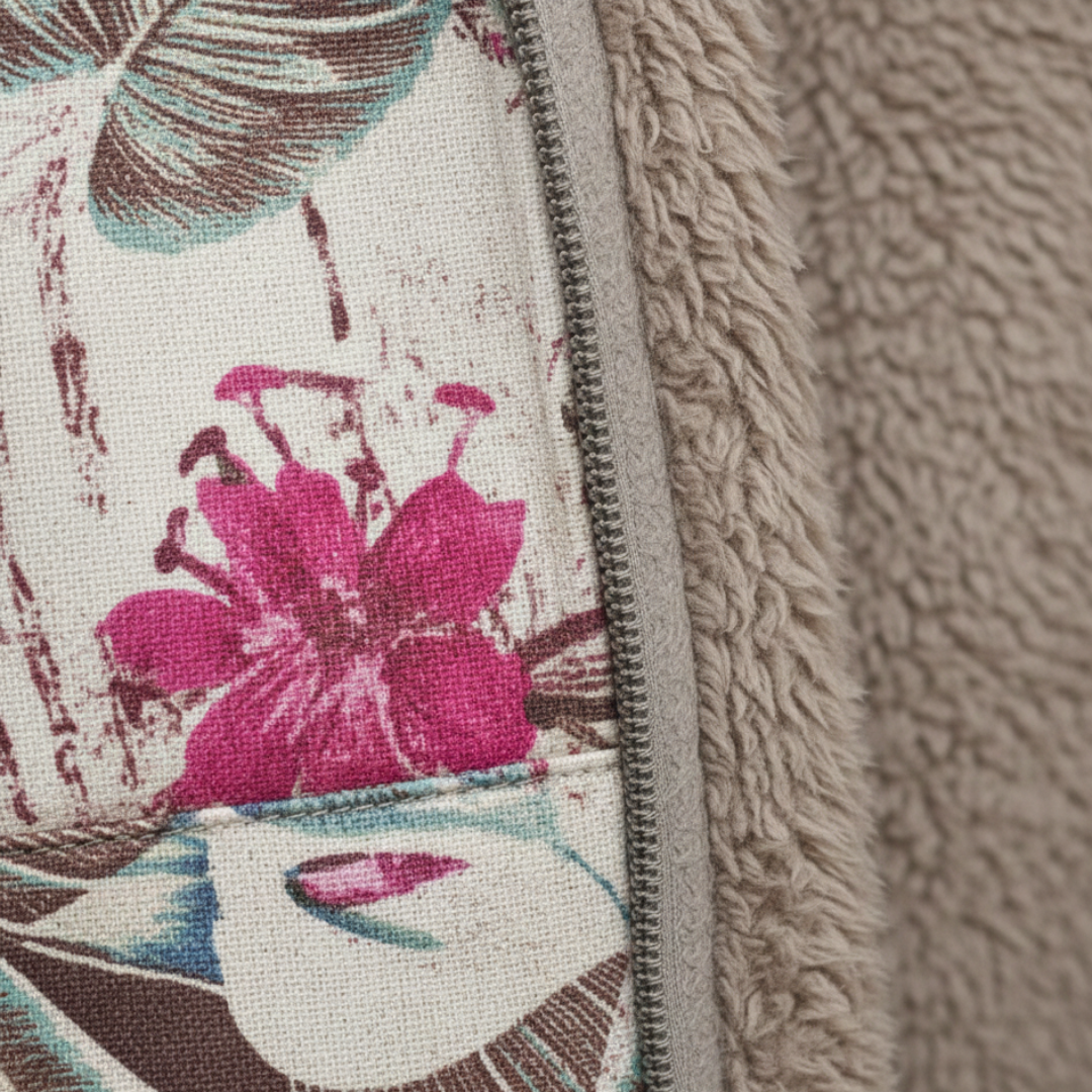 Close-up of a floral print jacket featuring a soft fleece lining and hood, perfect for fall and spring outings.