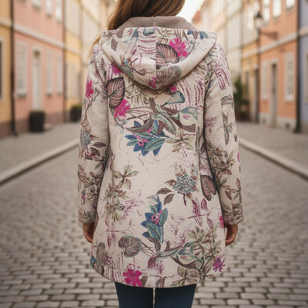 Back details of a floral print jacket featuring a soft fleece lining and hood, perfect for fall and spring outings.