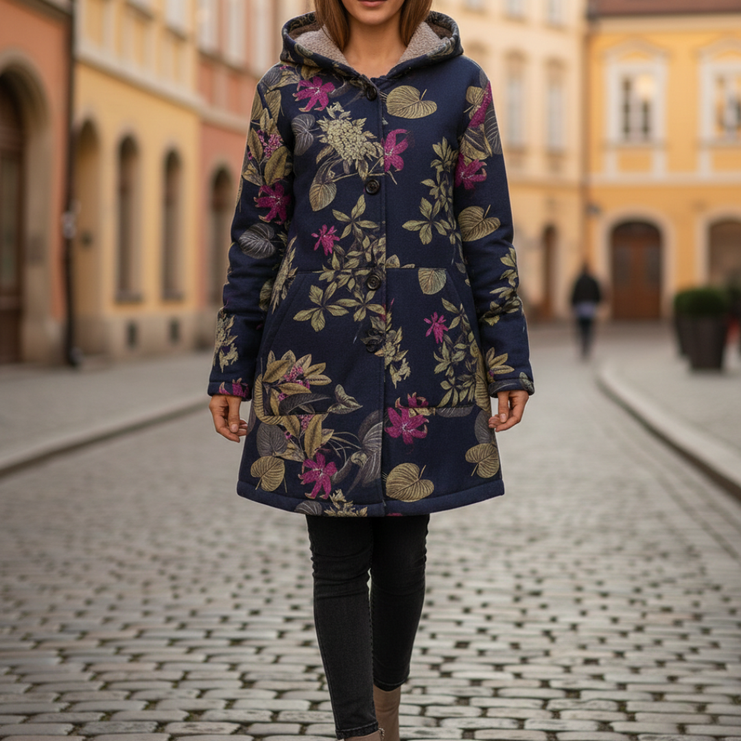 Close-up of a floral print jacket featuring a soft fleece lining and hood, perfect for fall and spring outings.
