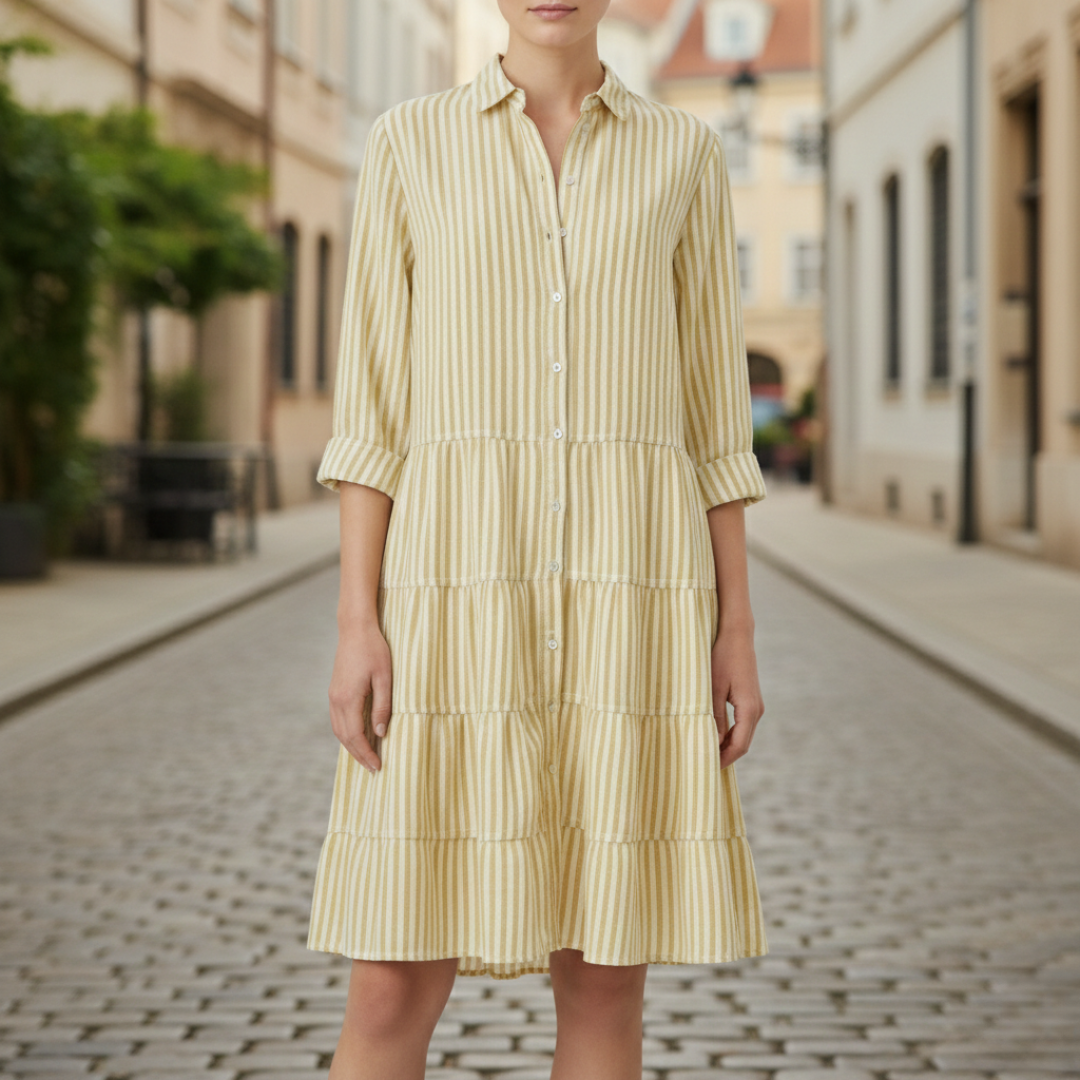  yellow striped shirt dress with a turn-down collar and flowing skirt, ideal for casual gatherings in warm weather.