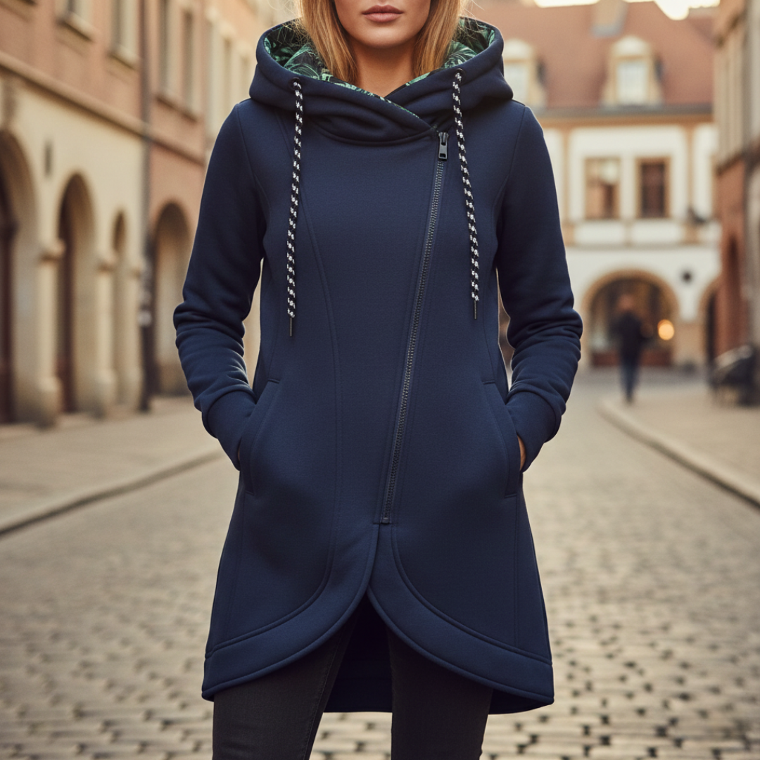 Mid-thigh length women's hoodie with long sleeves, navy exterior, and a colorful tropical print hood, suitable for cooler days.