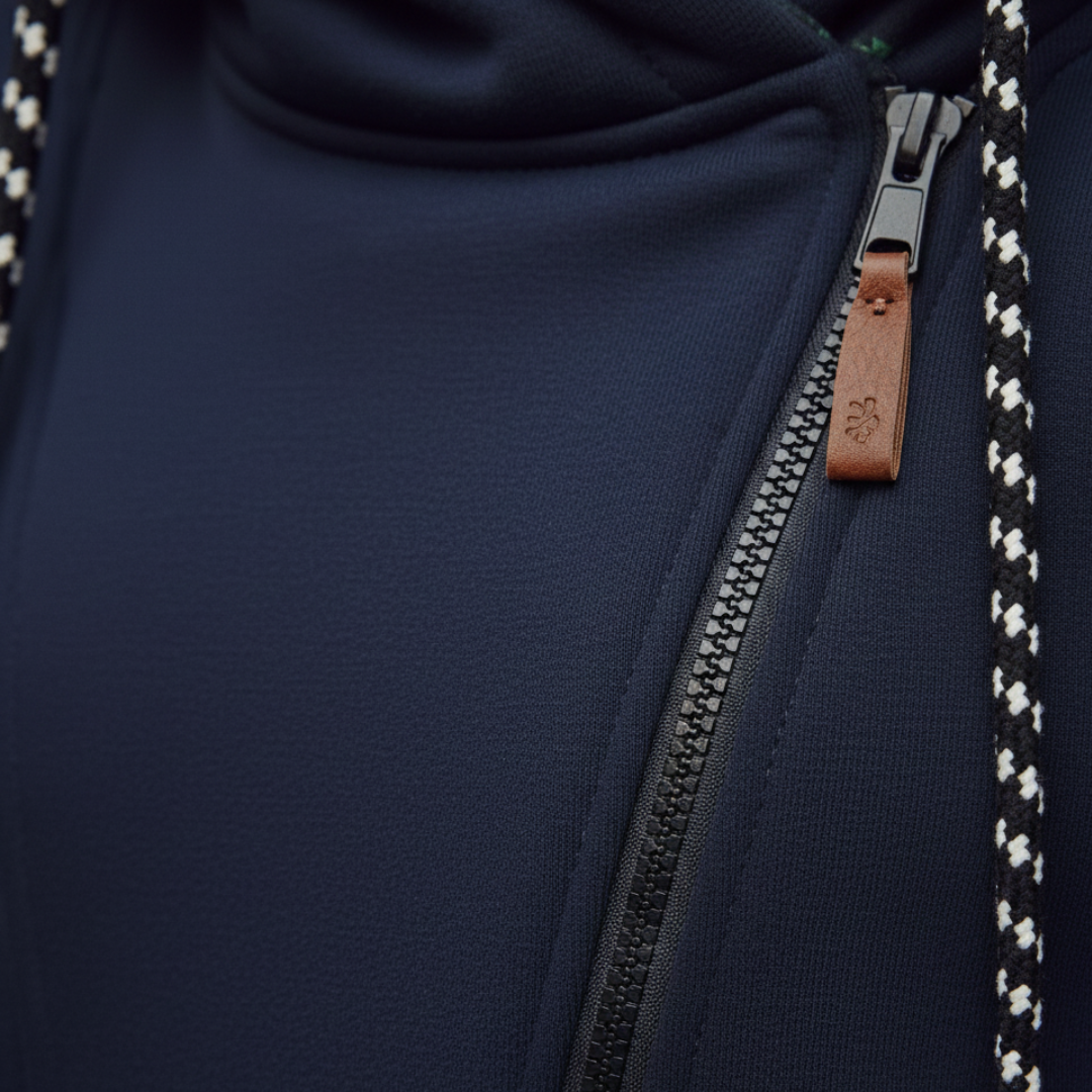 Mid-thigh length women's hoodie with long sleeves, navy exterior, and a colorful tropical print hood, suitable for cooler days.