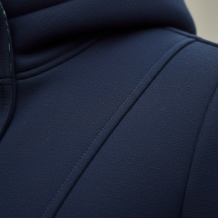 Mid-thigh length women's hoodie with long sleeves, navy exterior, and a colorful tropical print hood, suitable for cooler days.