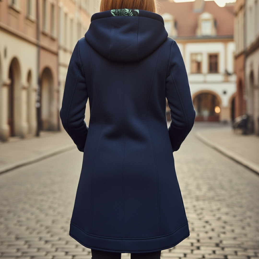 Mid-thigh length women's hoodie with long sleeves, navy exterior, and a colorful tropical print hood, suitable for cooler days.