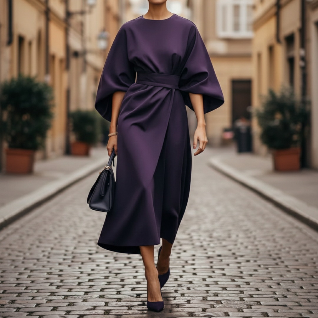 A woman wearing a black midi dress with wide sleeves.