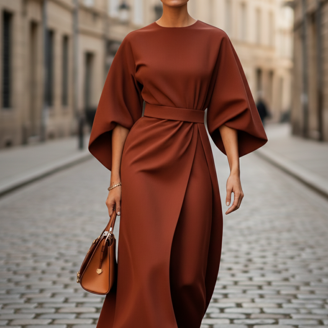 A woman wearing a black midi dress with wide sleeves.