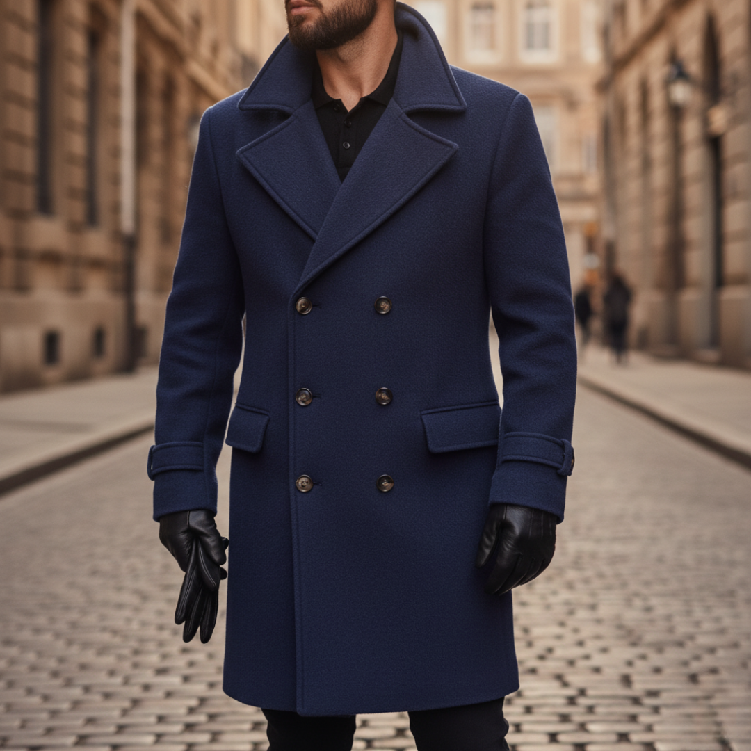 Blue wool coat with front buttons, notched lapel, and long sleeves, ideal for fall and winter wear.