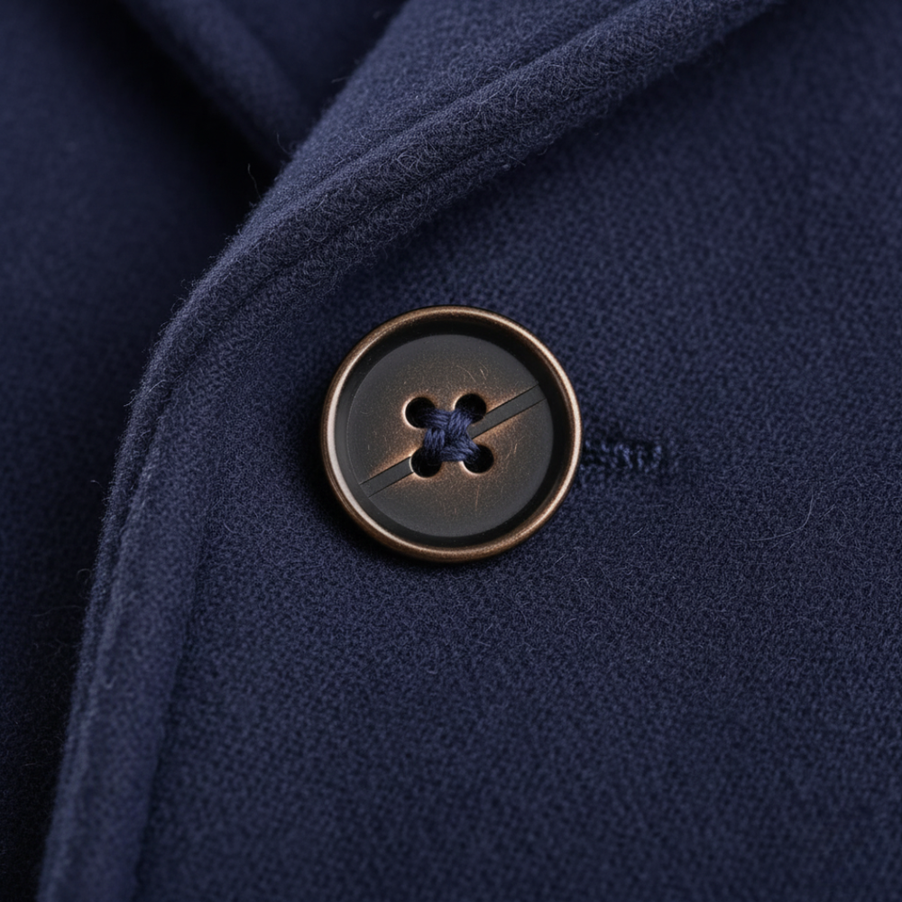 Close-up details of blue wool coat with front buttons, notched lapel, and long sleeves, ideal for fall and winter wear.