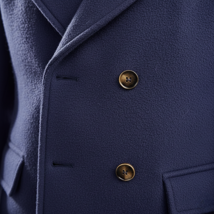 Clsoe-up look of the blue wool coat with front buttons, notched lapel, and long sleeves, ideal for fall and winter wear.