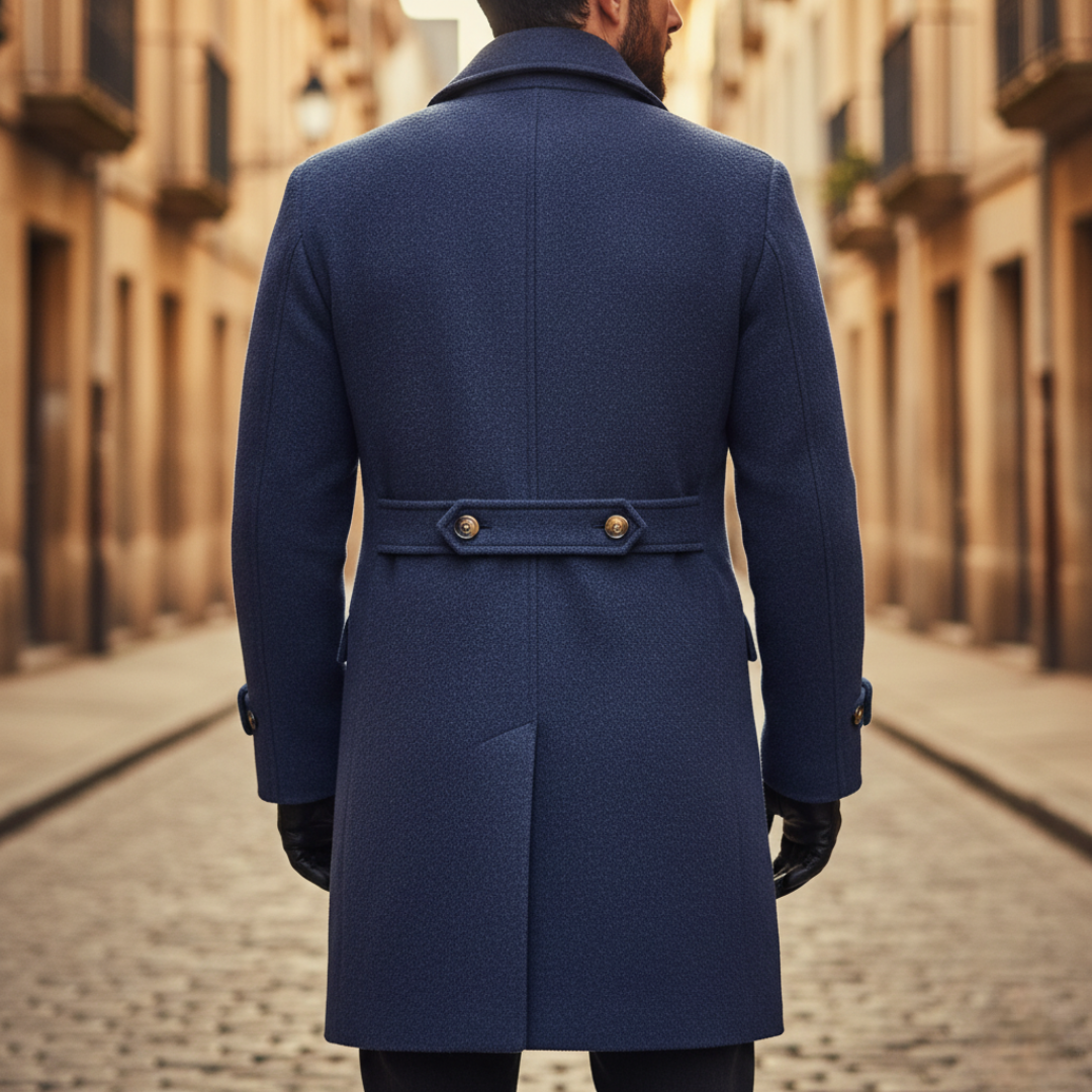 Back details of the blue wool coat with front buttons, notched lapel, and long sleeves, ideal for fall and winter wear.