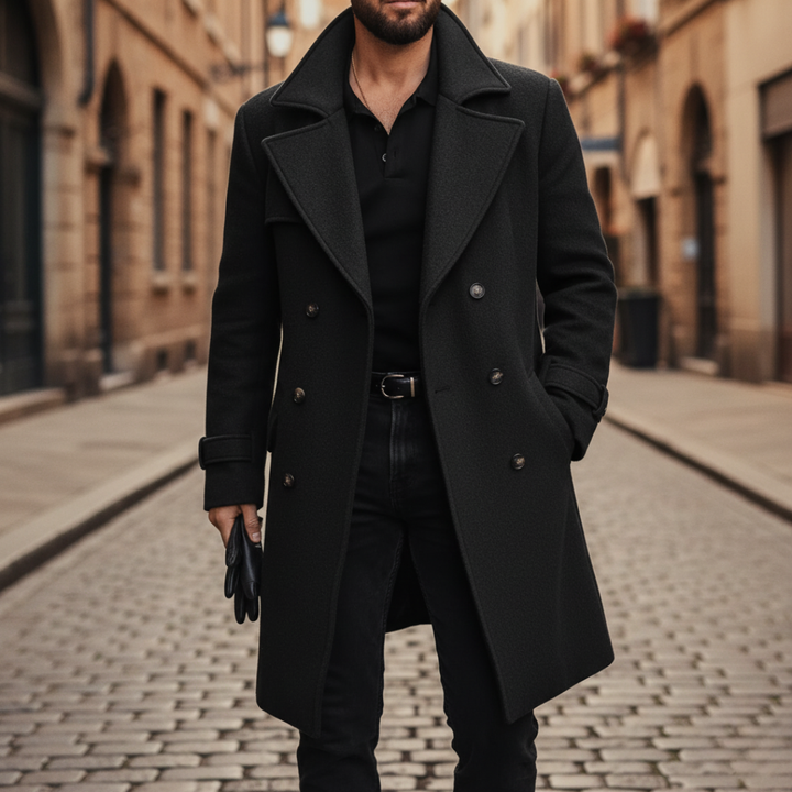 Black wool coat with front buttons, notched lapel, and long sleeves, ideal for fall and winter wear.