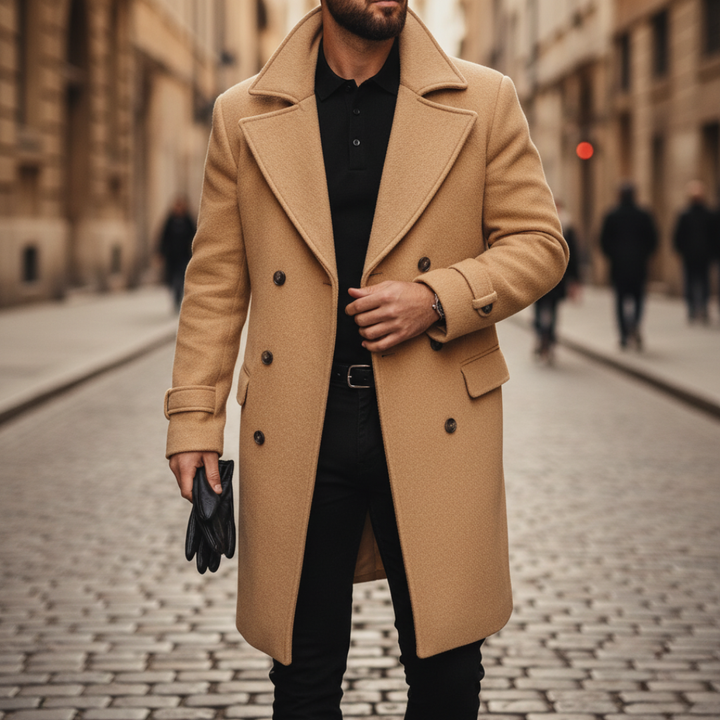 Beige wool coat with front buttons, notched lapel, and long sleeves, ideal for fall and winter wear.