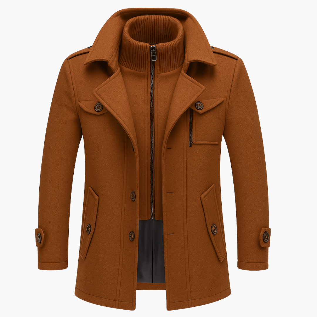 Brown mid-length wool coat with a front zipper, notched collar, and long sleeves, good for fall and winter outings.