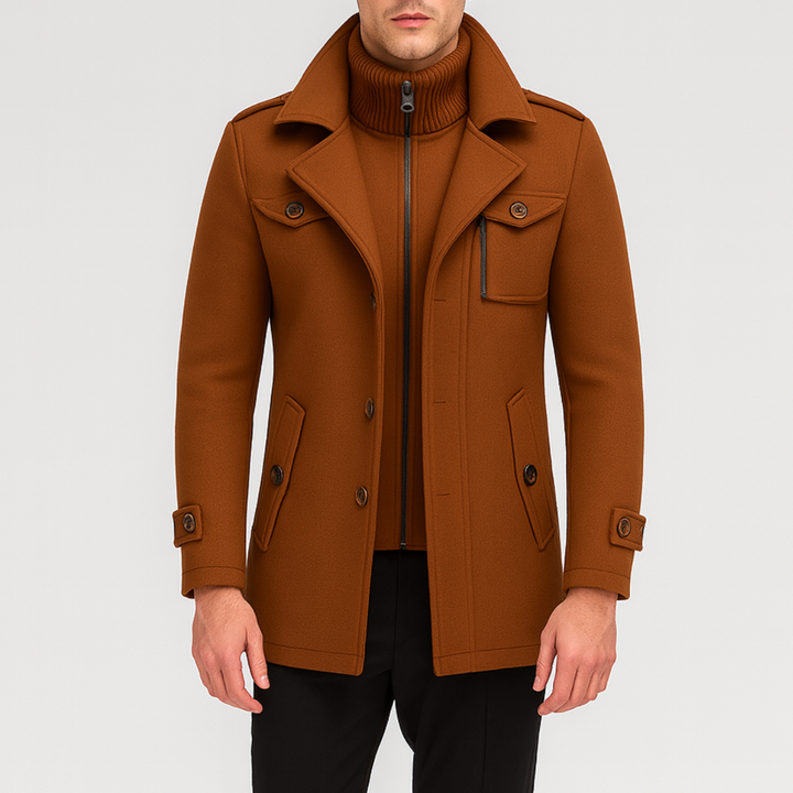 Brown mid-length wool coat with a front zipper, notched collar, and long sleeves, good for fall and winter outings.