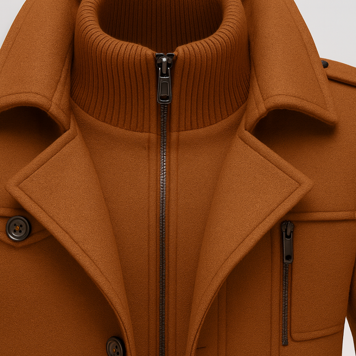 Brown mid-length wool coat with a front zipper, notched collar, and long sleeves, good for fall and winter outings.