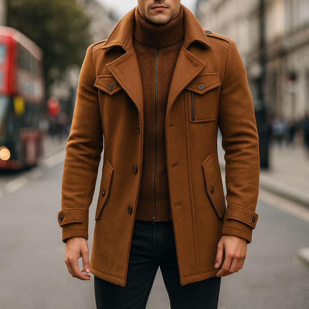Brown mid-length wool coat with a front zipper, notched collar, and long sleeves, good for fall and winter outings.