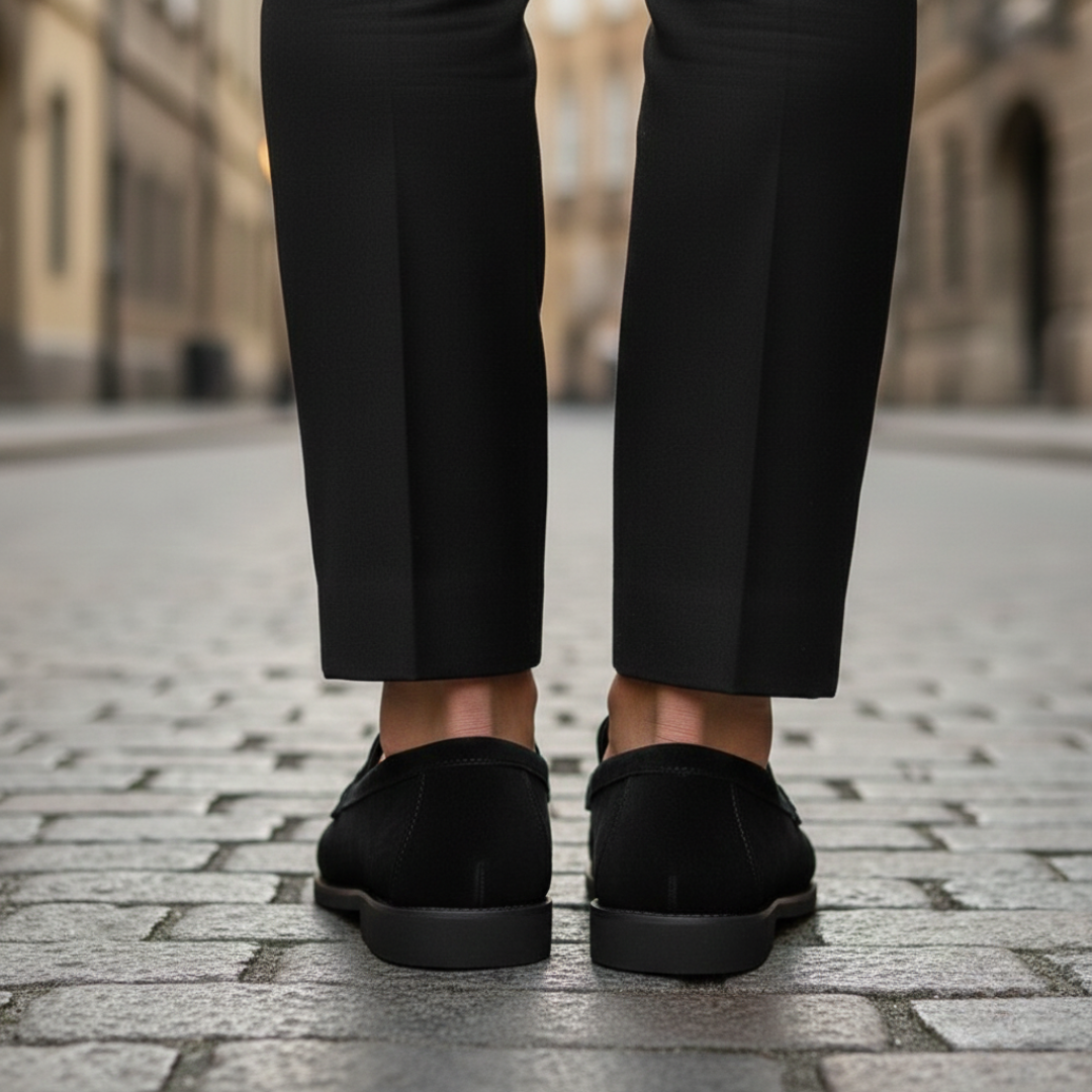 Back details of men's black suede loafers with a gold buckle, featuring a smooth silhouette for a polished look.