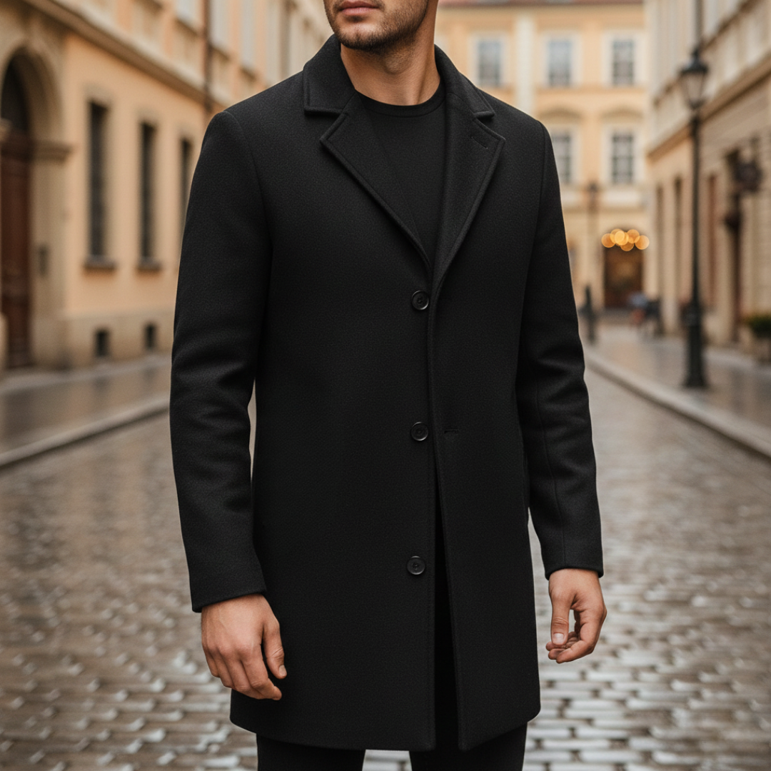 Men's mid-thigh wool coat with black buttons, notched lapel collar, and structured shoulders for a polished look.