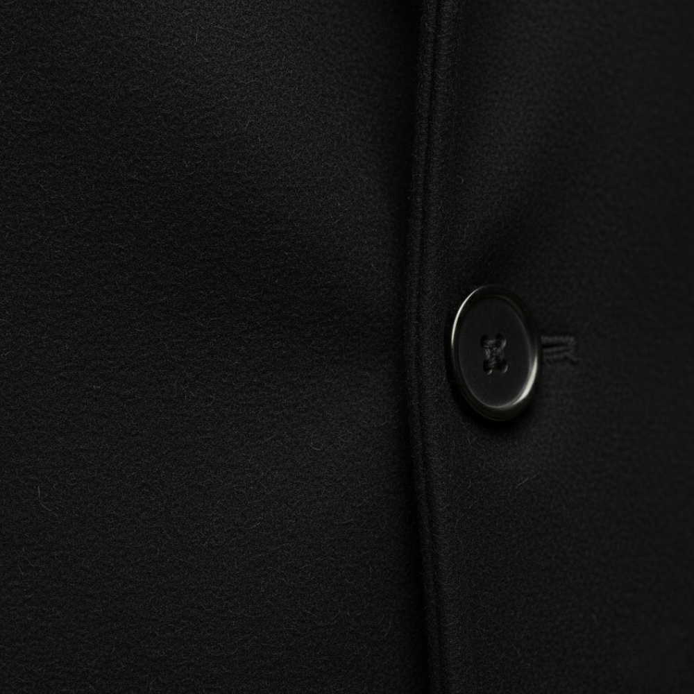Close-up details look of mid-thigh wool coat with black buttons, notched lapel collar, and structured shoulders for a polished look.
